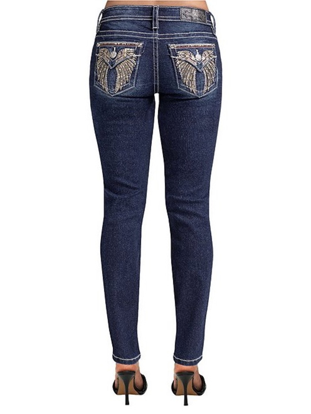 Miss Me Skinny Fit Embellished Wing Pocket Jeans Sz 28 Y2K Mid-Rise Dark Wash